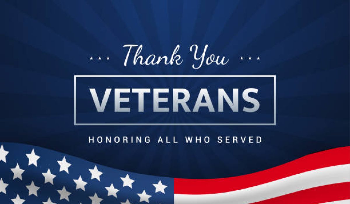 Thank you Veterans - Honoring all who served vector illustration. USA flag waving on blue background. Veterans day card